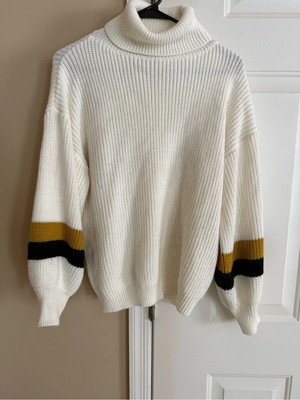 Cream Turtleneck Sweater with Black & Mustard Stripes